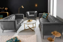Design 2-Sitzer Sofa NOBLESSE 165cm grau Samt schwarze Metallfüße Federkern