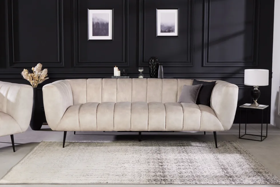 Design 3-Sitzer Sofa NOBLESSE 225cm champagner beige Samt 3-Sitzer Federkern schwarze Metallfüße