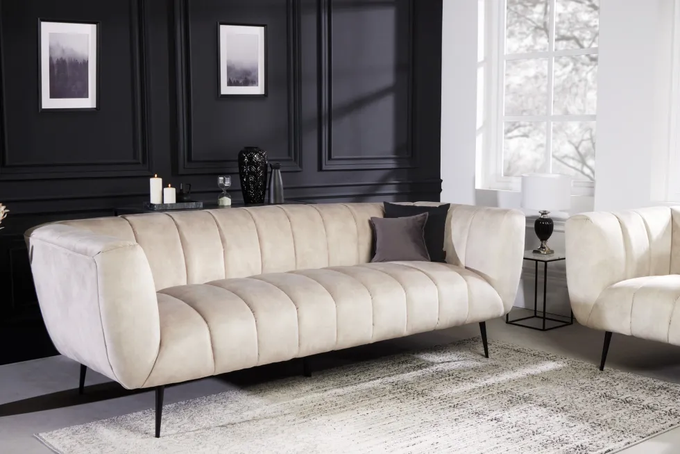 Design 3-Sitzer Sofa NOBLESSE 225cm champagner beige Samt 3-Sitzer Federkern schwarze Metallfüße