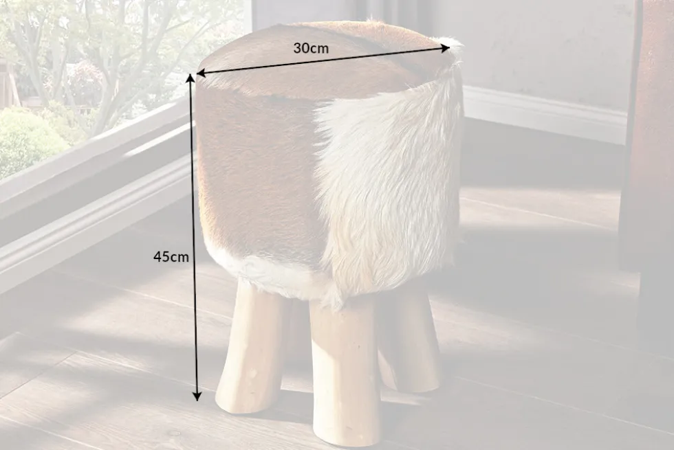 Design Sitzhocker HIDE 45cm braun weiß mit Ziegenfell und Teakholz