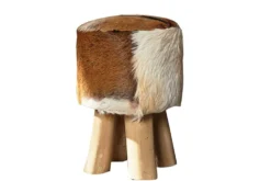 Design Sitzhocker HIDE 45cm braun weiß mit Ziegenfell und Teakholz