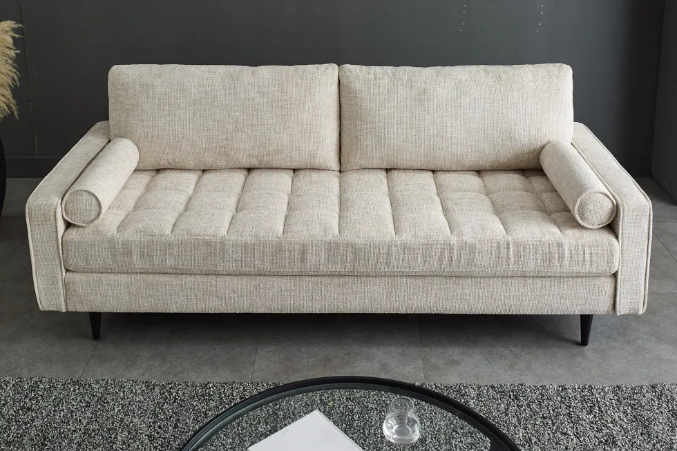 Design Sofa COZY VELVET 220cm beige Chenille Federkern 3-Sitzer mit goldener Kappe