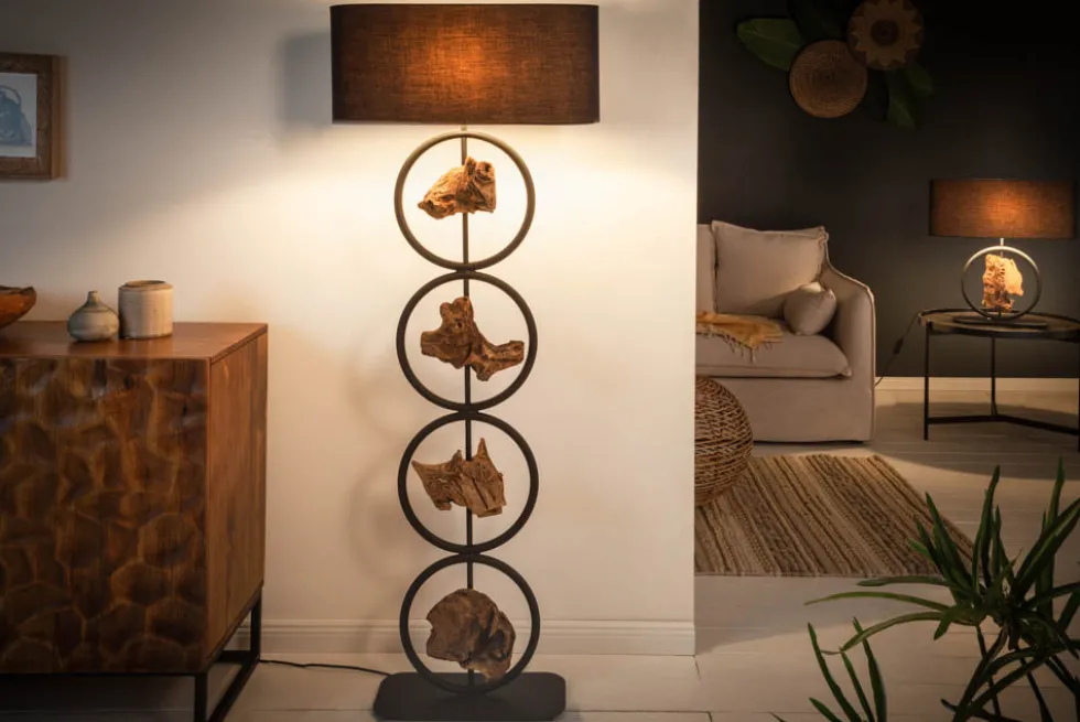 Design Stehlampe ELEMENTS 147cm schwarz Baumwollschirm Fuß mit Massivholz