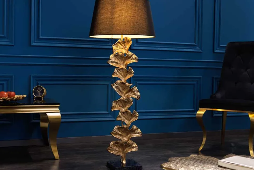 Design Stehlampe GINKGO 122cm schwarz Stoffschirm gold Metall handmade Marmor-Fuß