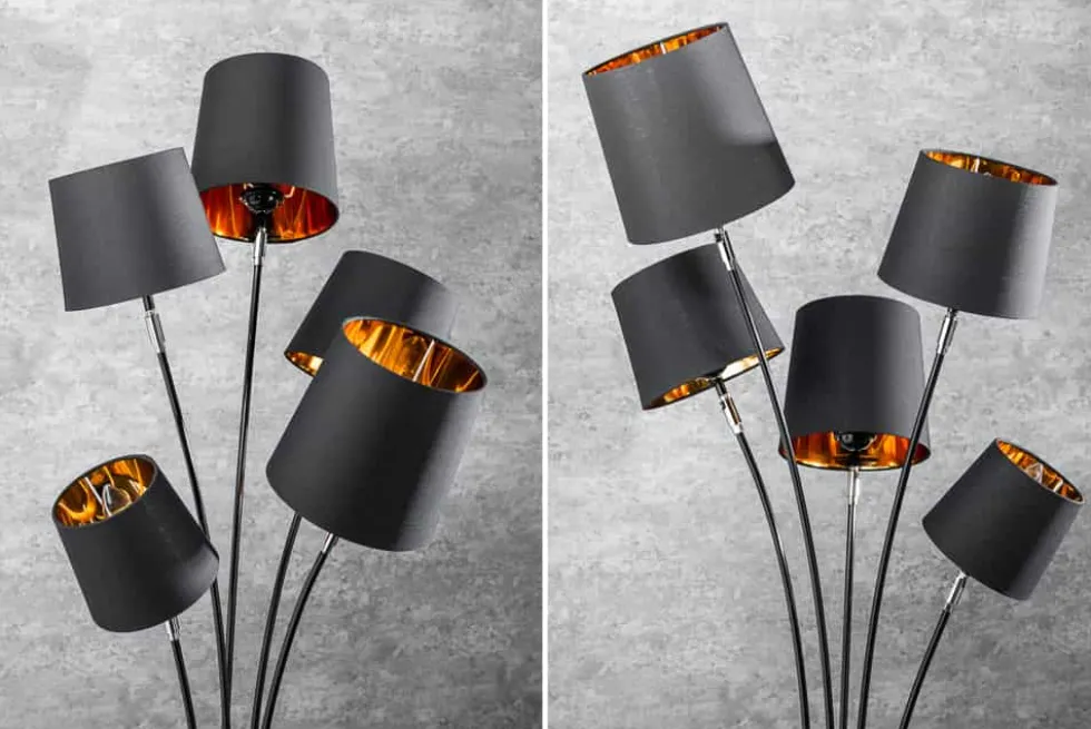 Design Stehlampe LEVELS 176cm mit 5 Leinenschirmen schwarz gold Stehleuchte