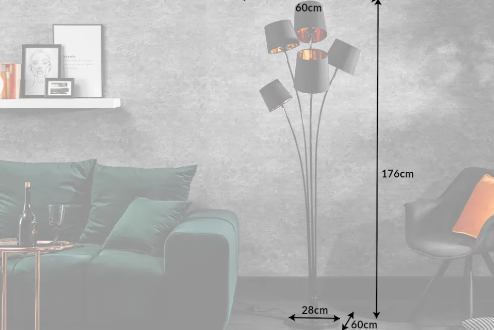 Design Stehlampe LEVELS 176cm mit 5 Leinenschirmen schwarz gold Stehleuchte