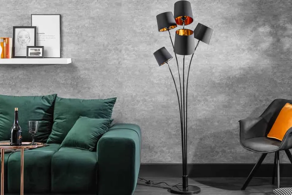 Design Stehlampe LEVELS 176cm mit 5 Leinenschirmen schwarz gold Stehleuchte