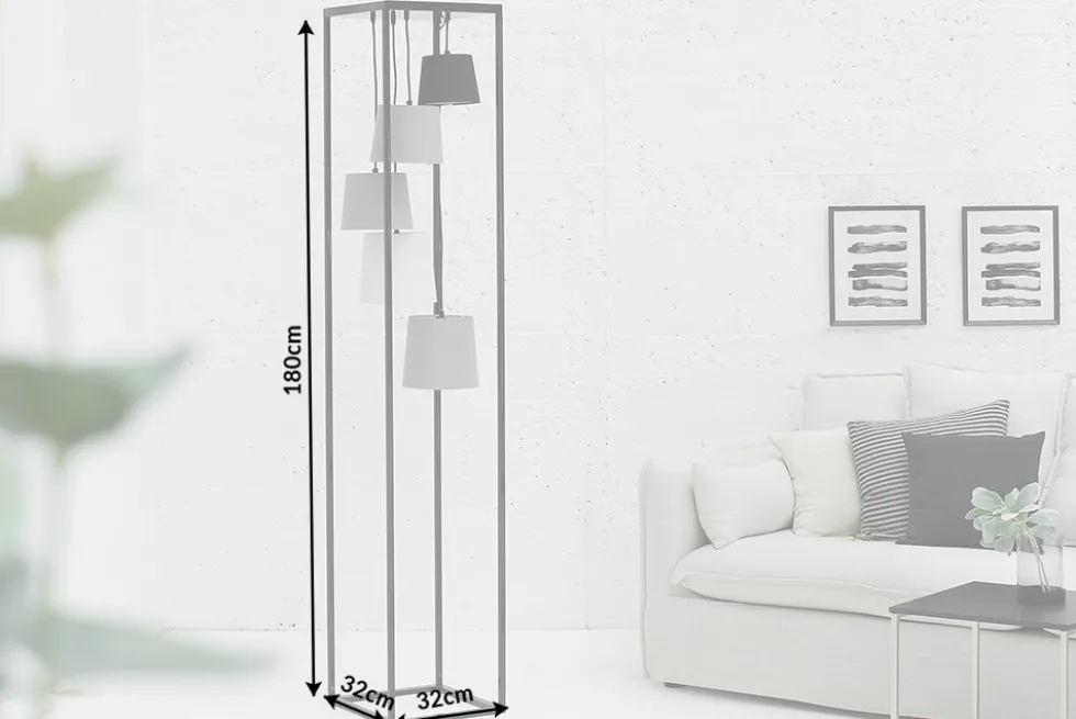 Design Stehlampe LEVELS 180cm schwarz grau 5 Leinenschirme