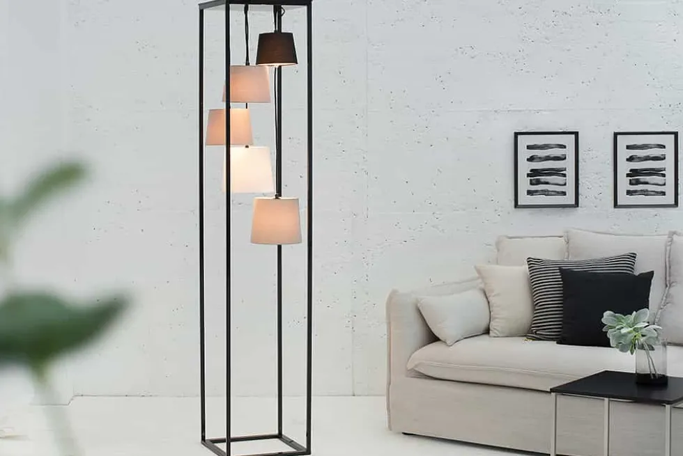 Design Stehlampe LEVELS 180cm schwarz grau 5 Leinenschirme
