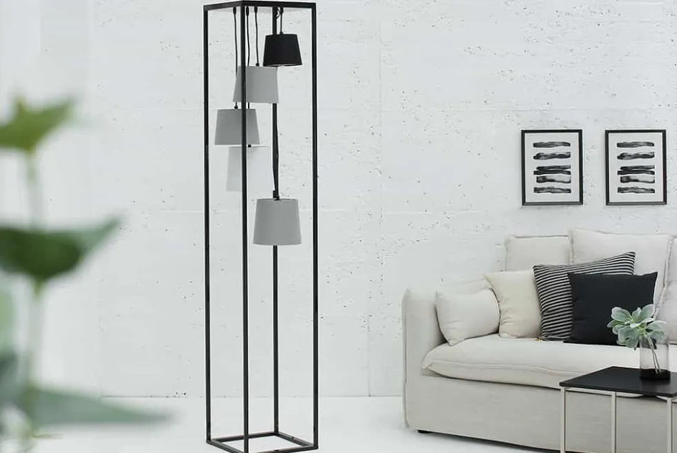 Design Stehlampe LEVELS 180cm schwarz grau 5 Leinenschirme