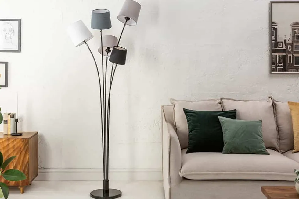 Design Stehlampe LEVELS 176cm schwarz grau mit 5 Leinenschirmen