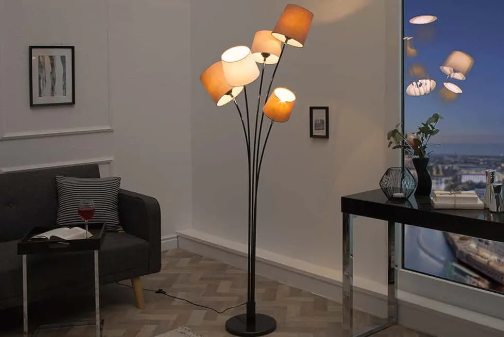 Design Stehlampe LEVELS 176cm weiß beige braun mit 5 Leinenschirmen