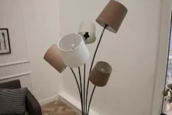 Design Stehlampe LEVELS 176cm weiß beige braun mit 5 Leinenschirmen