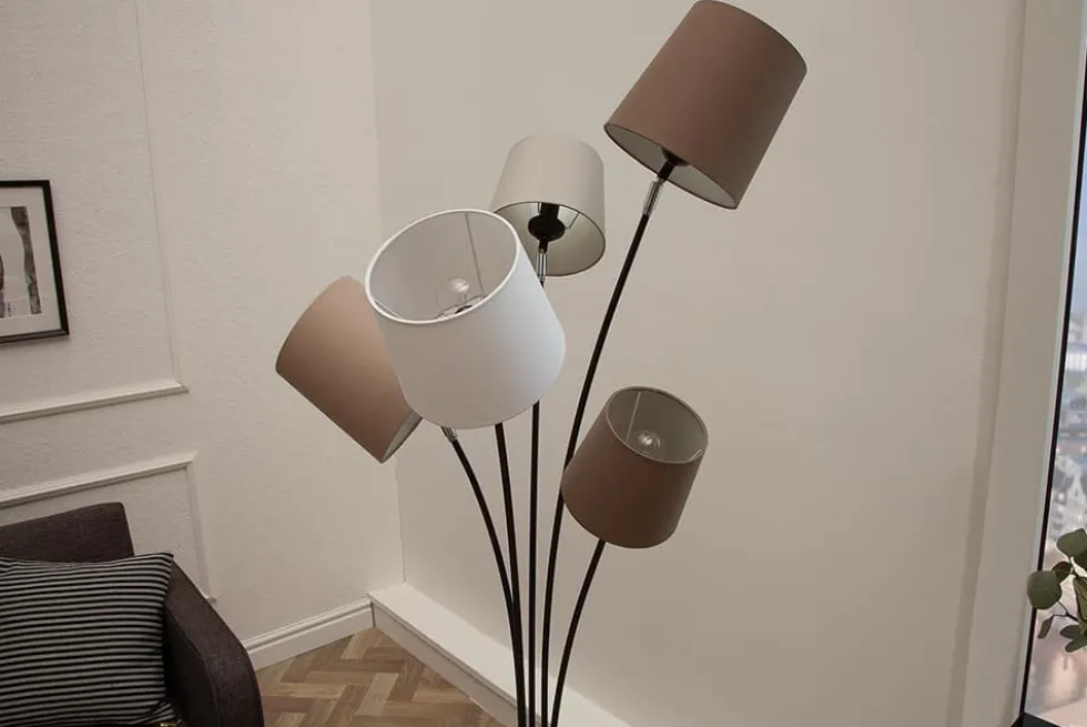 Design Stehlampe LEVELS 176cm weiß beige braun mit 5 Leinenschirmen