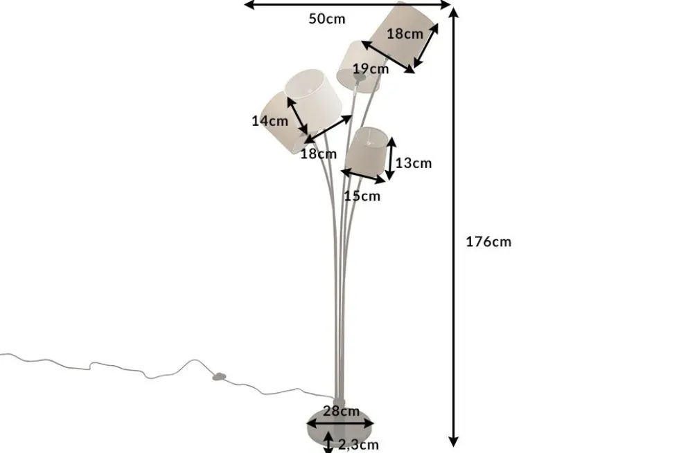 Design Stehlampe LEVELS 176cm weiß beige braun mit 5 Leinenschirmen