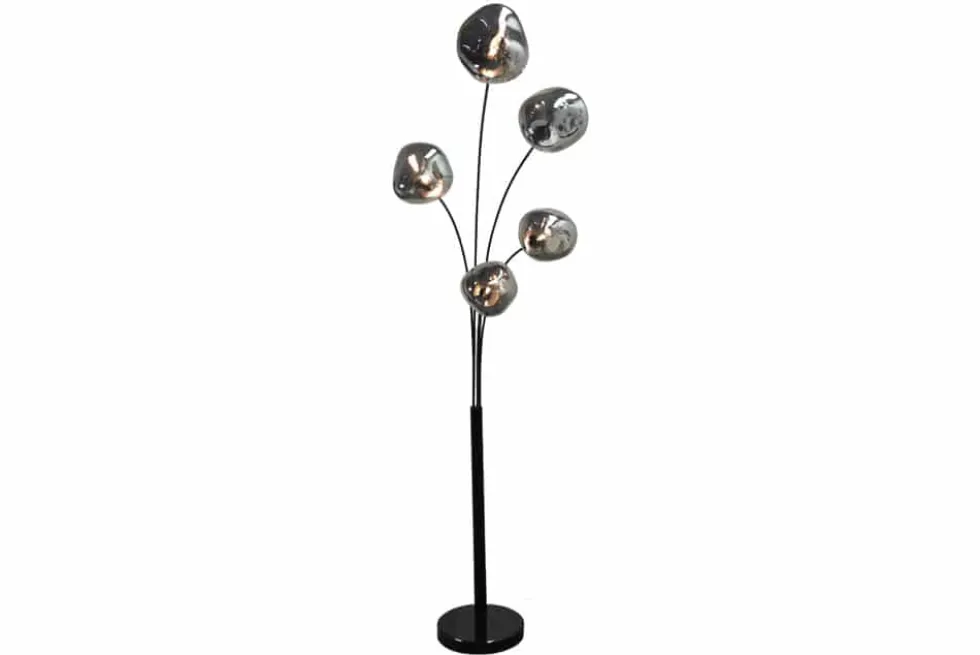 Design Stehlampe LIQUID DIAMOND 200cm schwarz smoke grau fünf Glasschirme mit Marmorfuß