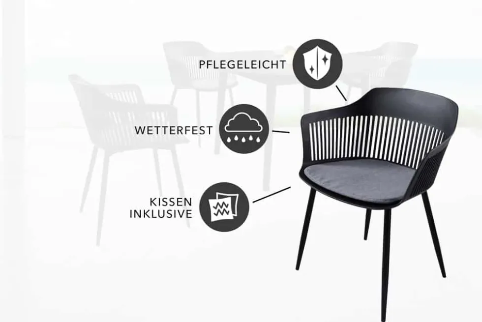 Design Stuhl AIRE schwarz Kunststoff Stahlgestell Indoor Outdoor inkl. Kissen
