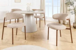 Design Stuhl BELFORT taupe beige Strukturstoff Metallgestell Walnuss