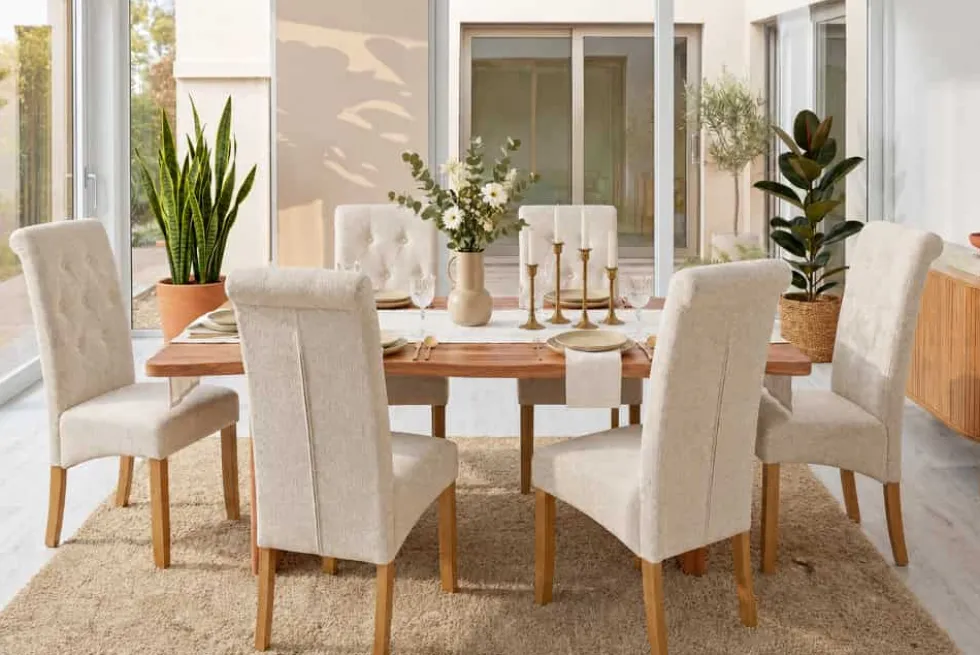 Design Stuhl CASA beige Bouclé Tweed Soft Massivholzbeine Zierknöpfe und Nackenrolle