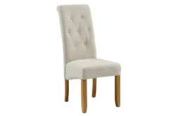 Design Stuhl CASA beige Leinen Massivholzbeine mit Zierknöpfen und Nackenrolle