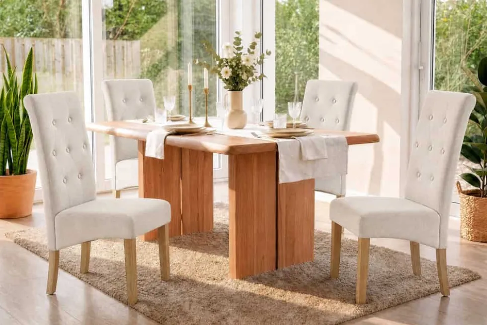 Design Stuhl CASA beige Strukturstoff Massivholzbeine mit Zierknöpfen und Nackenrolle