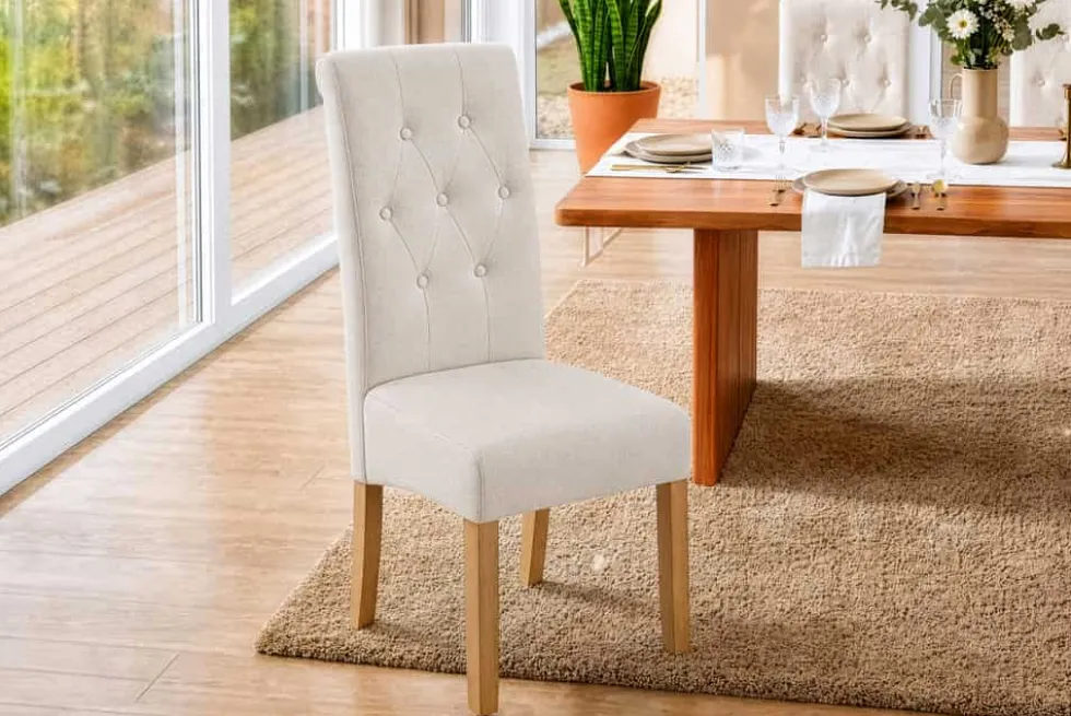 Design Stuhl CASA beige Strukturstoff Massivholzbeine mit Zierknöpfen und Nackenrolle