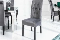 Design Stuhl CASA grau Samt mit Zierknöpfen Massivholzbeine