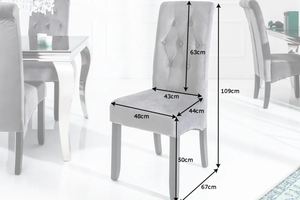 Design Stuhl CASA grau Samt mit Zierknöpfen Massivholzbeine