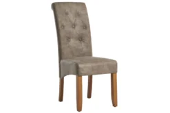 Design Stuhl CASA taupe Microfaser mit Zierknöpfen Massivholzbeine