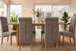 Design Stuhl CASA taupe Microfaser mit Zierknöpfen Massivholzbeine