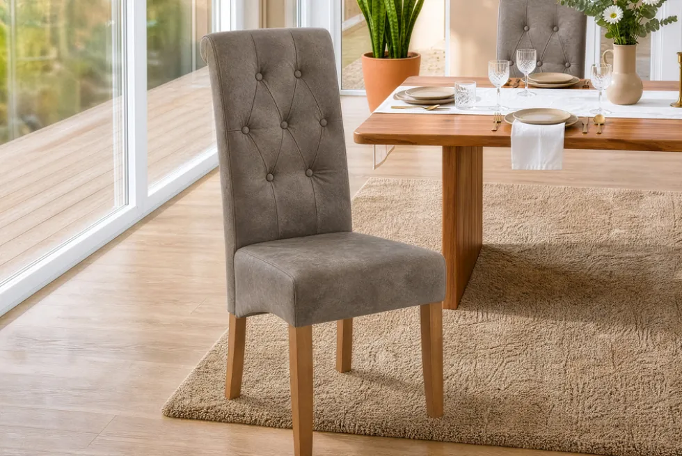 Design Stuhl CASA taupe Microfaser mit Zierknöpfen Massivholzbeine