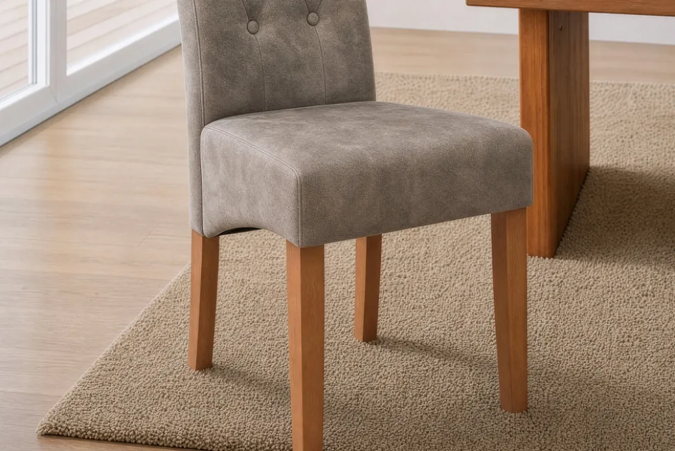 Design Stuhl CASA taupe Microfaser mit Zierknöpfen Massivholzbeine