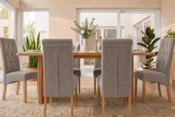 Design Stuhl CASA taupe Strukturstoff Massivholzbeine mit Zierknöpfen und Nackenrolle