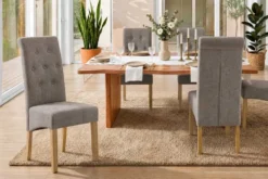 Design Stuhl CASA taupe Strukturstoff Massivholzbeine mit Zierknöpfen und Nackenrolle