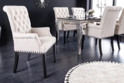 Design Stuhl CASTLE beige schwarz Strukturstoff Armlehnen Holzfüße