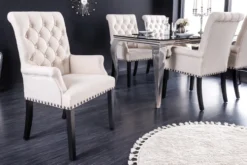 Design Stuhl CASTLE beige schwarz Strukturstoff Armlehnen Holzfüße