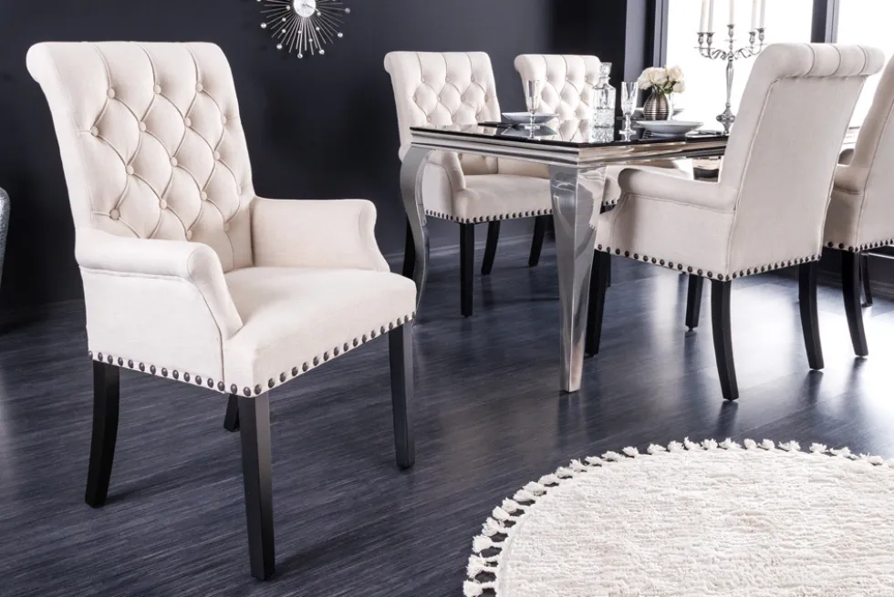 Design Stuhl CASTLE beige schwarz Strukturstoff Armlehnen Holzfüße