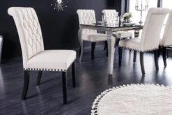 Design Stuhl CASTLE beige schwarz Strukturstoff Holzfüße Chesterfield