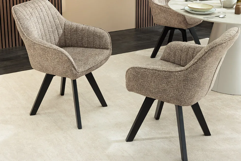Design Stuhl LIVORNO taupe Strukturstoff schwarz Massivholz drehbar Auto-Return-Funktion