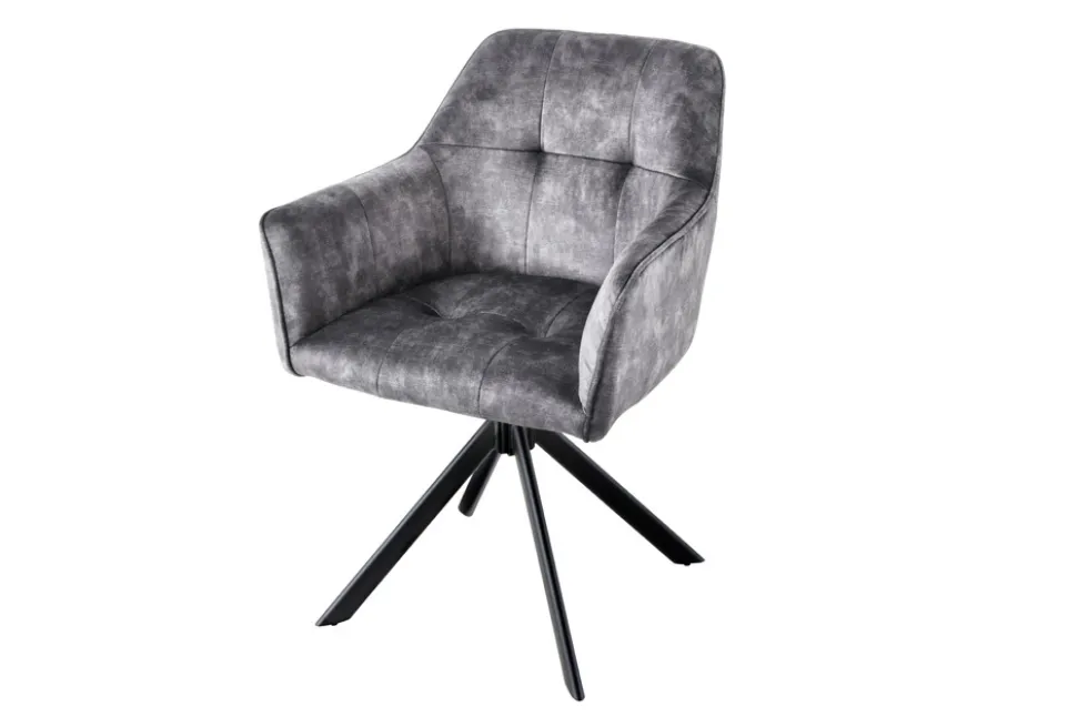 Design Stuhl LOFT dunkelgrau Samt drehbar Metallgestell schwarz mit Armlehne