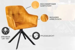 Design Stuhl LOFT senfgelb Samt drehbar Metallgestell schwarz mit Armlehne