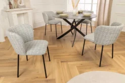 Design Stuhl LYON blau kariert Bouclé schwarze Metallbeine