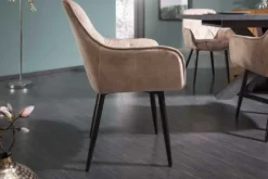 Design Stuhl MILANO champagner beige Samt mit Armlehne gepolstert schwarze Metallbeine