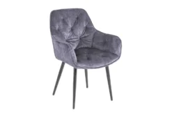Design Stuhl MILANO grau Samt mit Armlehne Ziersteppung gepolstert schwarze Metallbeine
