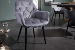 Design Stuhl MILANO grau Samt mit Armlehne Ziersteppung gepolstert schwarze Metallbeine