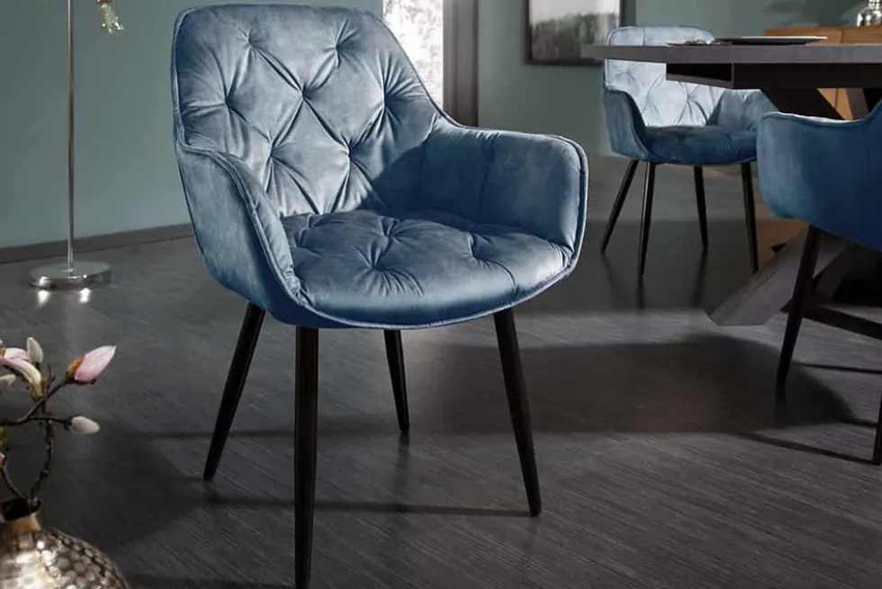 Design Stuhl MILANO petrol Samt mit Armlehne Ziersteppung gepolstert schwarze Metallbeine