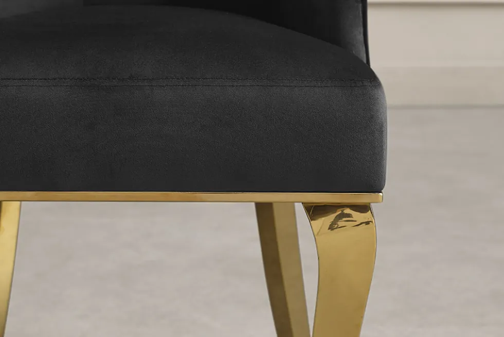 Design Stuhl MODERN BAROCK DELUXE schwarz Samt gold Edelstahl mit Löwenkopf
