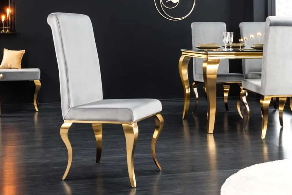 Design Stuhl MODERN BAROCK grau Samt goldene Stuhlbeine