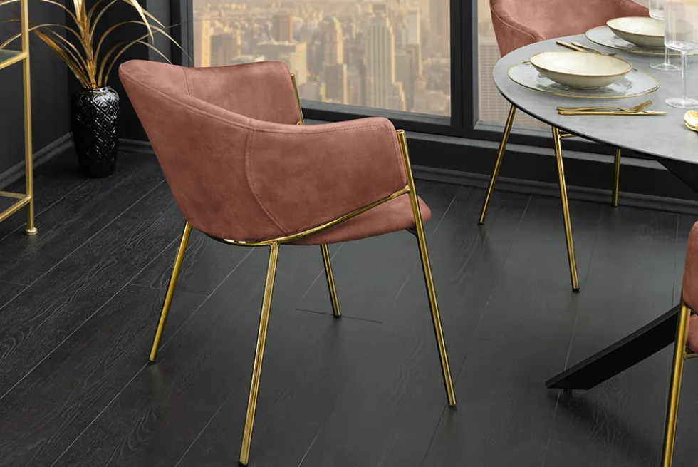 Design Stuhl NOBLESSE rosé Samt golden verchromtes Metallgestell Retro-Look
