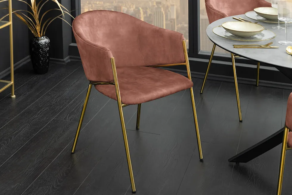 Design Stuhl NOBLESSE rosé Samt golden verchromtes Metallgestell Retro-Look